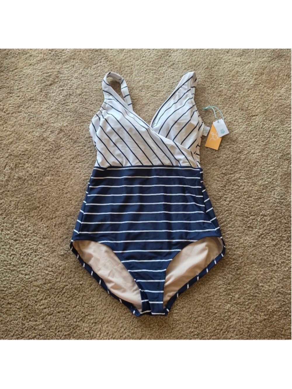 Women's Kona Sol Navy & White Striped One Piece Swimsuit V-neck Size Small